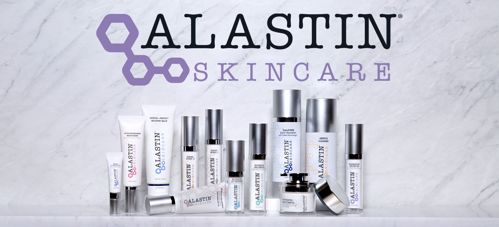 Alastin Skincare line banner, a variety of skincare products against a purple and grey background.