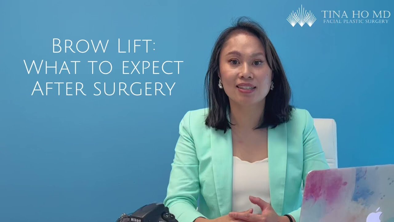 Doctor explains brow lift surgery recovery against a blue background.